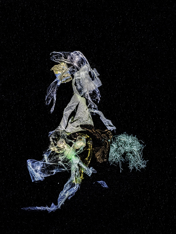 Alexej Sachov, The Knight (2023), from Chronicles of an Emerging Diversity. Sculptural figure from marine debris, strobe-lit underwater photograph.