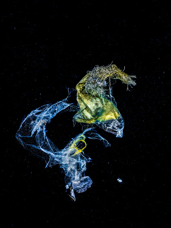 Neptune's Steed (2023) by Alexej Sachov. Marine debris sculpture, strobe-lit photography from Chronicles of an Emerging Diversity. Survival Rituals, Basel Art Center, Basel Art Week 2026.