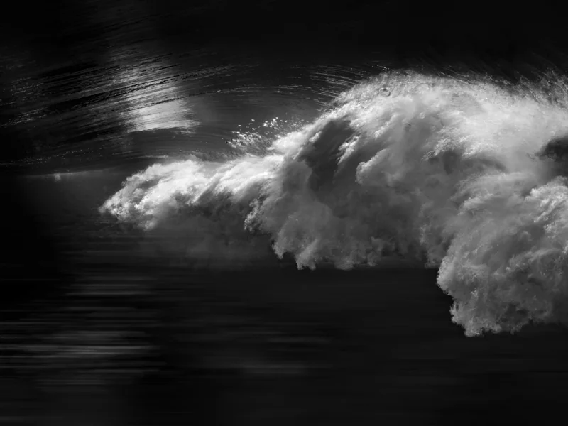 The Final Surge (2021) by Alexej Sachov. Long-exposure black-and-white photograph of the moving sea, Inside the Wave. Survival Rituals, Basel Art Center, Basel Art Week 2026.
