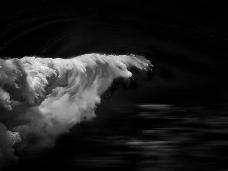 Ghost Horse Race (2021) by Alexej Sachov. Long-exposure black-and-white photograph of ghost-like horses racing beneath the surface, Inside the Wave. Survival Rituals, Basel Art Center, Basel Art Week 2026.